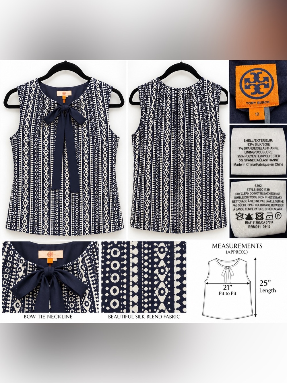 Tory Burch Geometric Bow Neck Blouse in Blue & White Size 10 good condition